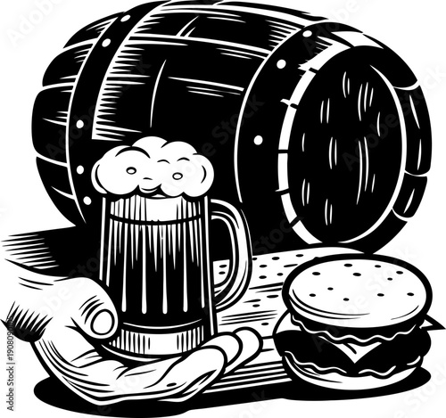 Hand holding frothy beer mug with barrel and cheeseburger, casual dining and beverage concept
