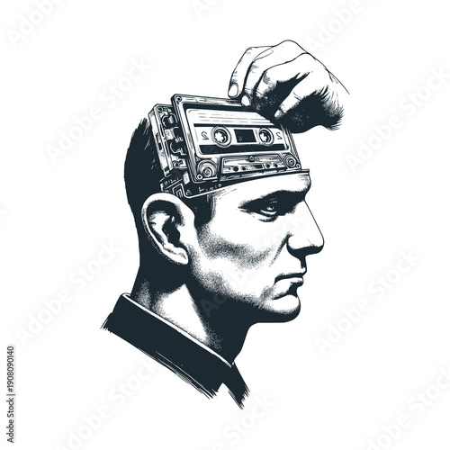 Man with cassettes and tape on his head