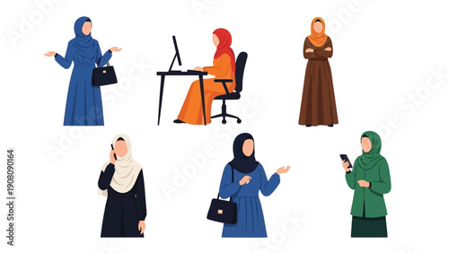 Diverse group of muslim women in various professional settings utilizing technology and modern attire