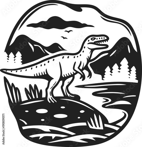 Dinosaur standing by river in prehistoric forest landscape with mountains, trees, birds, and clouds