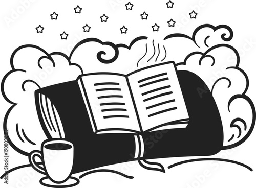 Open book with coffee cup amid clouds and stars, symbolizing imagination and peaceful reading time