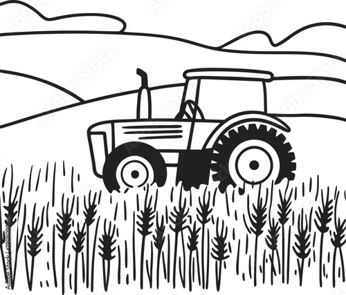 tractor in wheat field with rolling hills background farming agriculture landscape and rural countryside scene