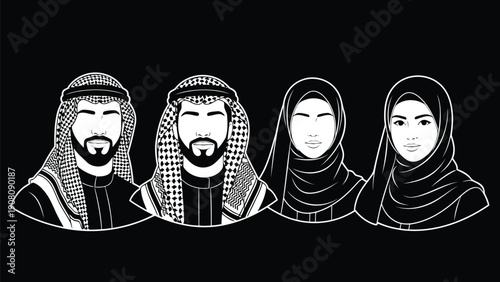 A striking black and white illustration depicts four individuals in traditional arabic clothing and headwear
