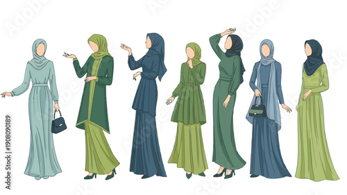 A collection of digitally illustrated women wearing various styles of modest islamic clothing and headscarves