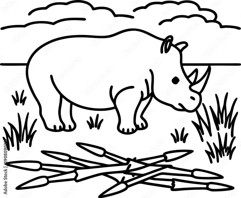 Fototapeta premium rhino grazing in grassland with scattered spears, savannah landscape with clouds and vegetation