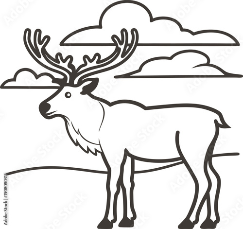 Reindeer standing in a natural landscape with clouds, antlers detailed, wildlife and nature illustration