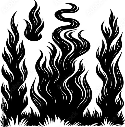 illustration of black flame shapes with wavy dynamic lines growing upward from grass base on white background