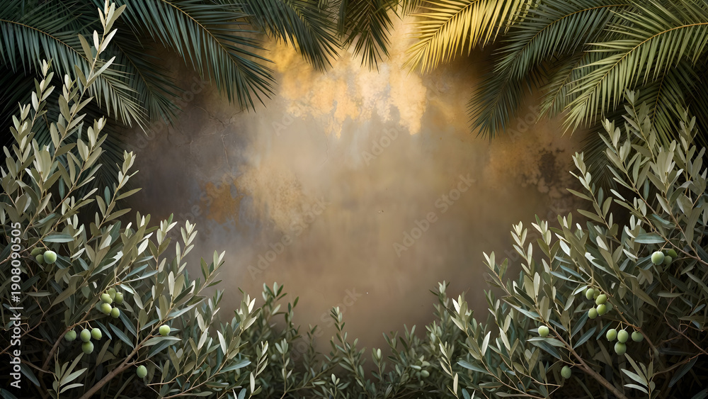 Naklejka premium Lush green olive branches frame a warm, hazy golden light in a tranquil natural setting.