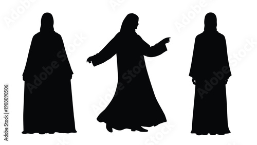 Three silhouetted figures possibly women wearing traditional robes and head coverings are shown
