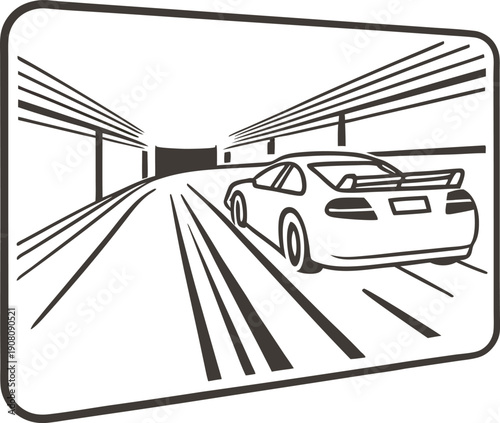 rear view of a car driving fast through a tunnel with dynamic speed lines and perspective motion effects