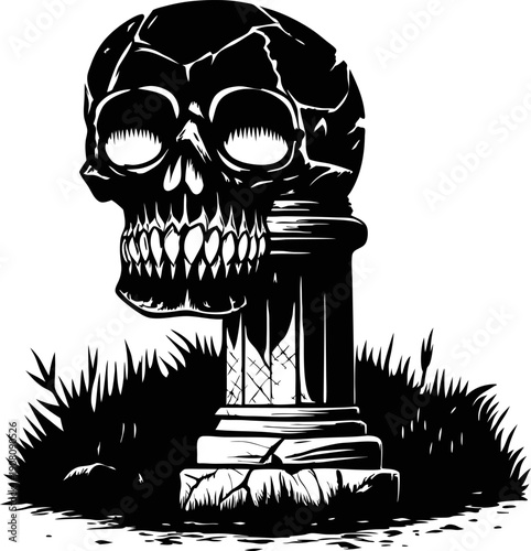 Crumbling skull atop ancient broken pillar with grass and rocks, dark eerie gothic illustration