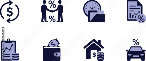 A collection of financial icons depicting money exchange, loans, interest rates, and investments