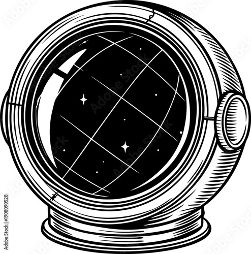 vintage astronaut helmet illustration with reflective glass visor showing stars and space grid