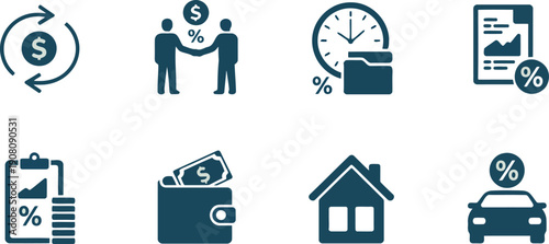 A collection of finance banking and lending service icons displayed on a clean white background