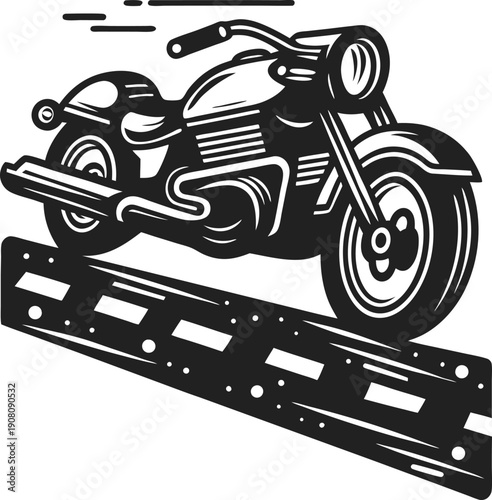 Classic motorcycle flying off ramp design in black and white vintage bike stunt illustration with speed and motion concept