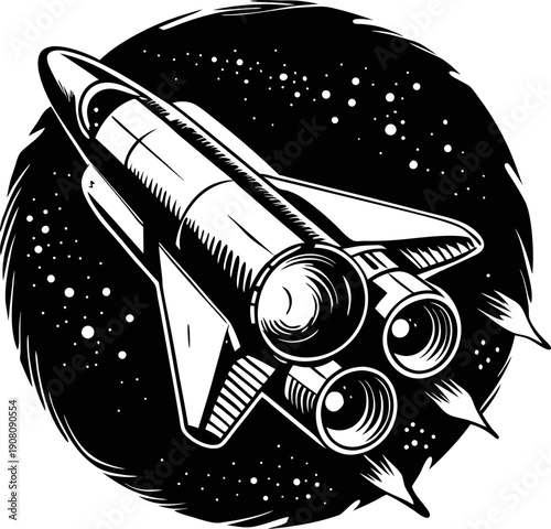 Space shuttle launching into outer space with stars and cosmic background illustration