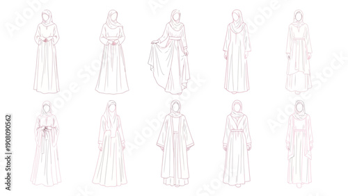 A collection of sketched figures depicting various styles of modest long dresses and head coverings