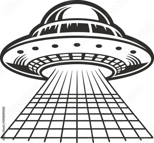 Ufo flying saucer emitting beam of light in futuristic alien spacecraft abduction concept