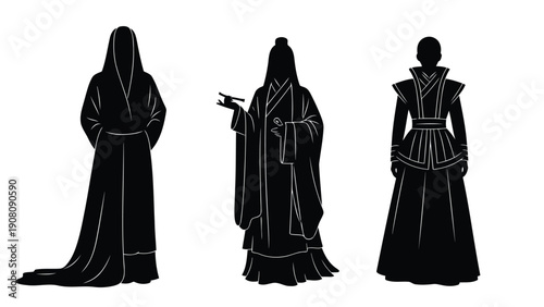 Silhouettes of three figures in traditional asian clothing resembling historical chinese or japanese robes