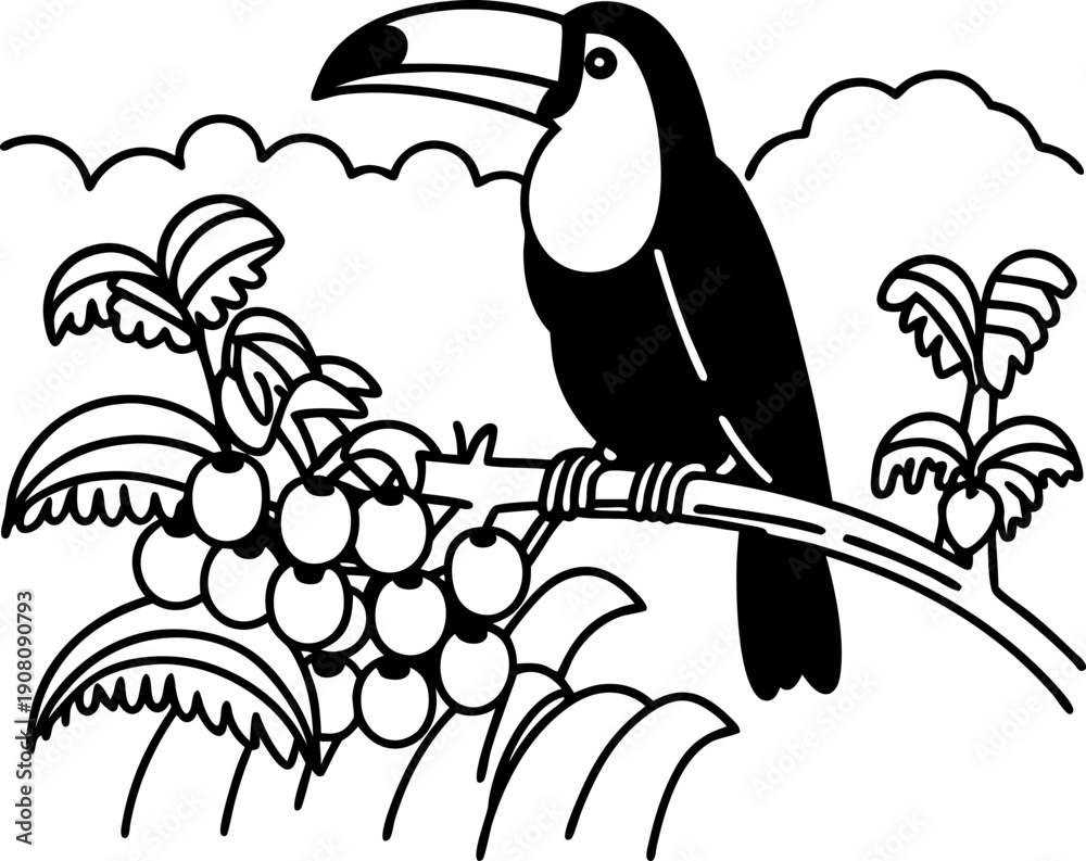 Naklejka premium Toucan perched on a fruit tree branch in a tropical jungle with palm leaves and clouds