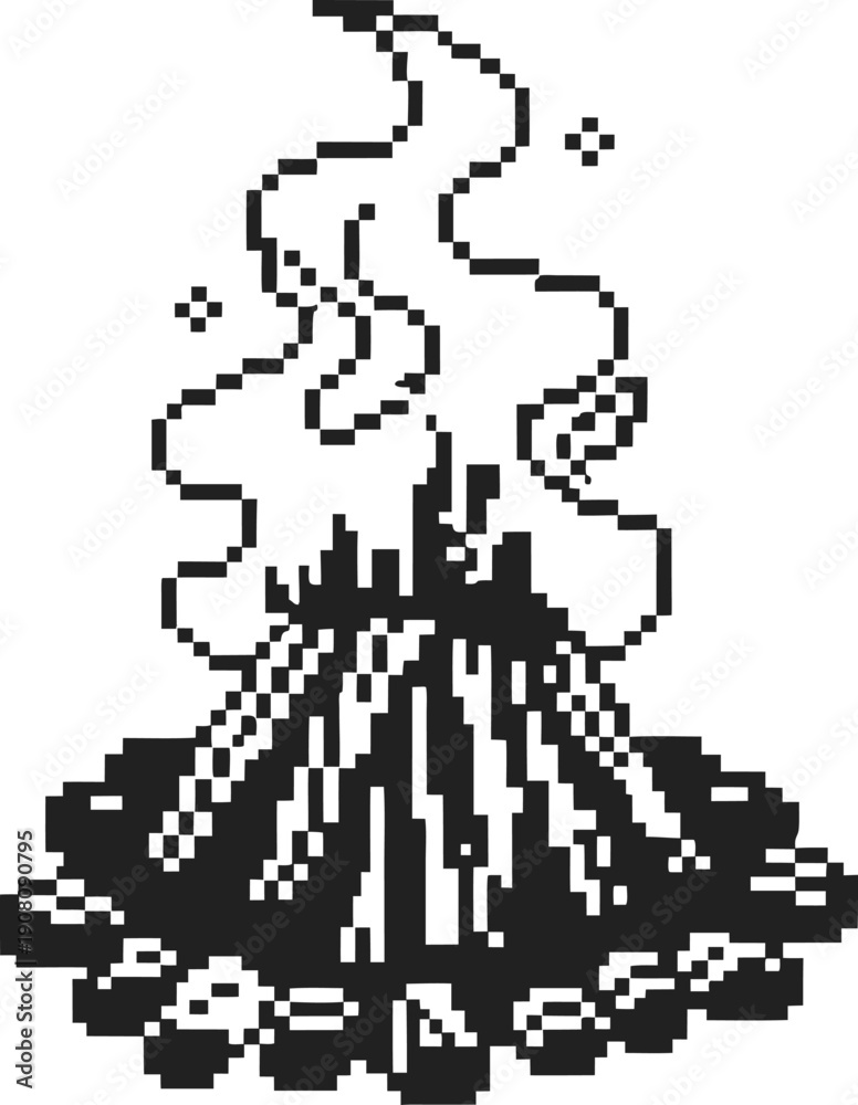 Fototapeta premium Pixel art campfire burning with logs and flames surrounded by stones on white background