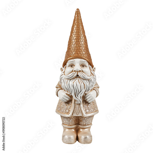 Garden Gnome Stands With a Tall Hat and a Detailed Design Made of Ceramic Mat...