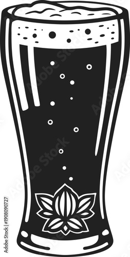 Dark beer glass with foam and bubbles, hops illustration on glass, ale or stout cold refreshing drink