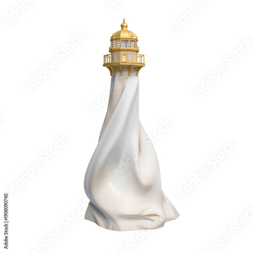 Lighthouse Sculpture Draped in White Fabric on a Plain Background