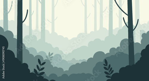 Misty Forest Landscape with Trees and Foliage.