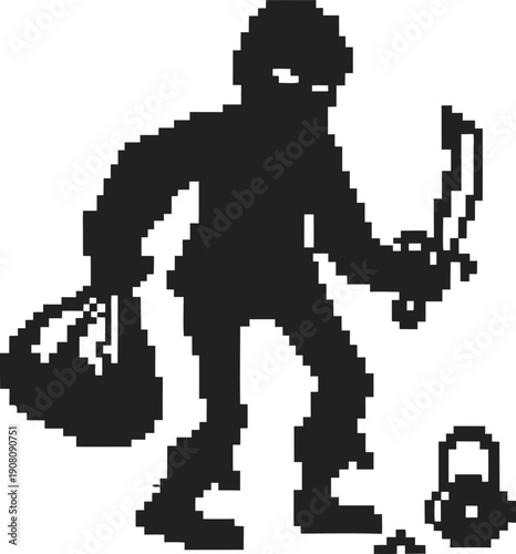 pixel art thief holding sack and knife, approaching padlock and key on the ground
