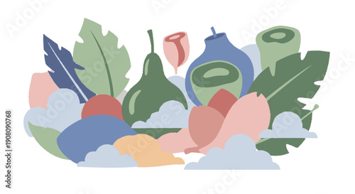 Fresh Fruits and Leaves Illustration.