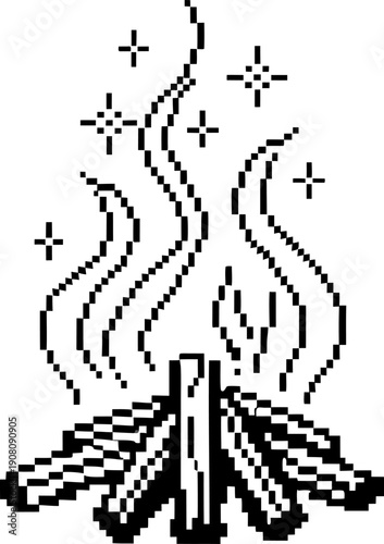 pixel art campfire with logs burning and rising smoke, glowing sparks in black and white