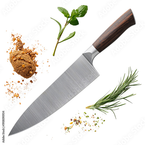 Cutting Knife With Herbs and Spices on a White Background in a Kitchen Setting