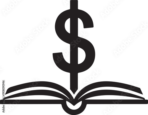 Dollar sign combined with open book icon representing financial education cost of tuition investment in knowledge and student loan concept
