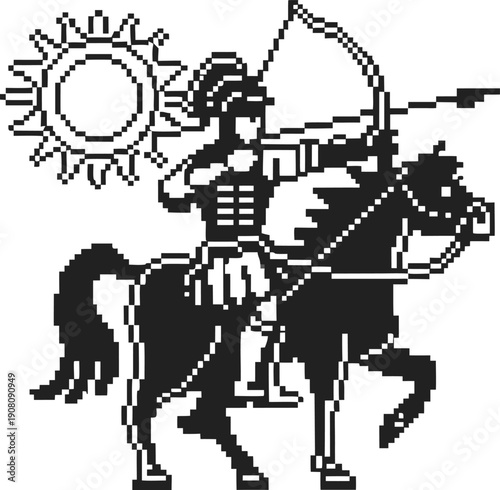Pixel art archer on horseback aiming with bow under the sun, retro game character animation