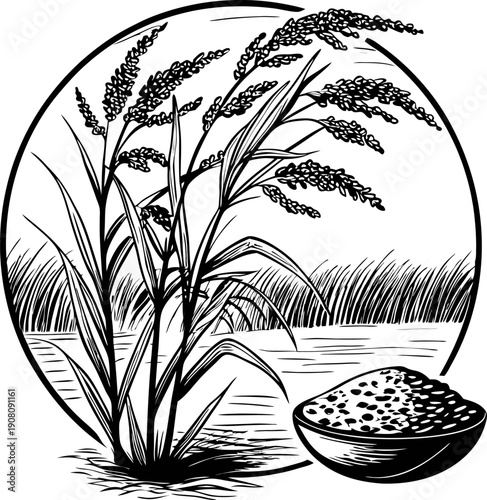 Rice plant near water with bowl of harvested grains agricultural cereal crop, farming nature scene in monochrome