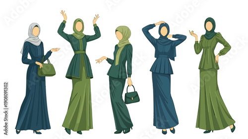 Four fashionable muslim women in hijabs and long dresses pose in varying shades of green