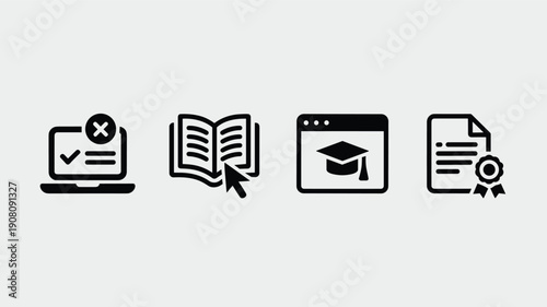 Education and training icons featuring online testing open book graduation mortarboard and academic success document