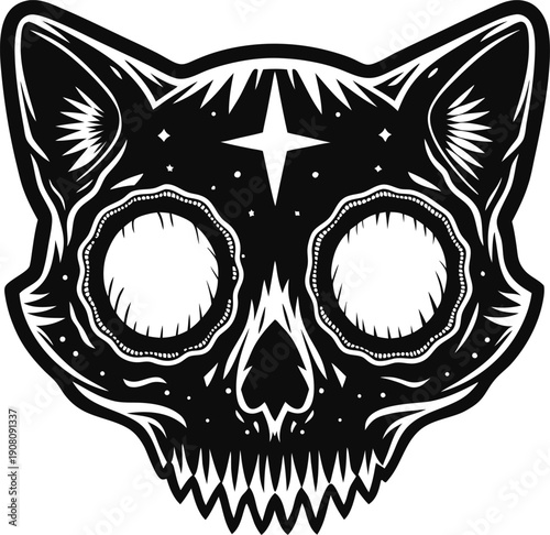 cat skull illustration with hollow eyes and star symbol, gothic dark design, mystical and eerie feline artwork