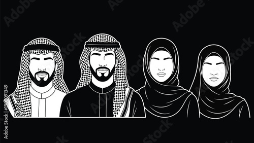 A black and white illustration depicts four arabic individuals two men and two women in traditional attire
