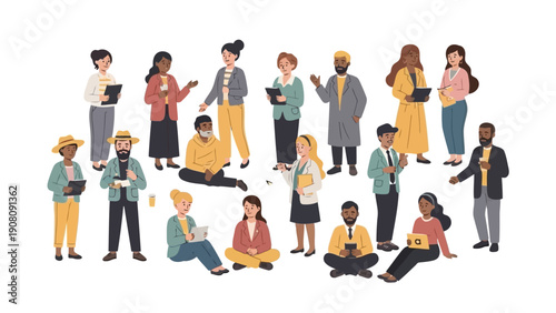 A diverse group of illustrated people many holding devices engaged in conversation and collaboration
