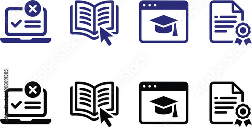 Online education icon collection with blue and black variants showing computer tests books graduation and certificates