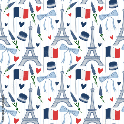 Paris seamless pattern with Eiffel Tower, lavender and French macarons. Hand drawn vector illustration of France travel landmarks, flags and romantic hearts on white background.
