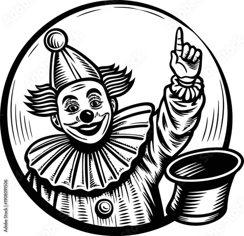 Vintage clown with ruffled collar and pointed hat pointing upwards, holding an empty top hat, black and white illustration