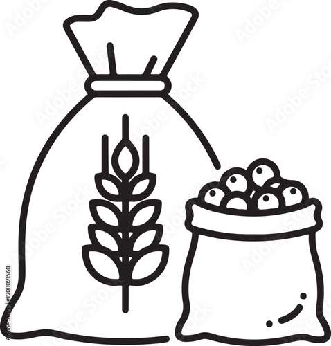 Outline vector illustration of a large sack of grain with a wheat stalk symbol and a smaller bag of berries or beans