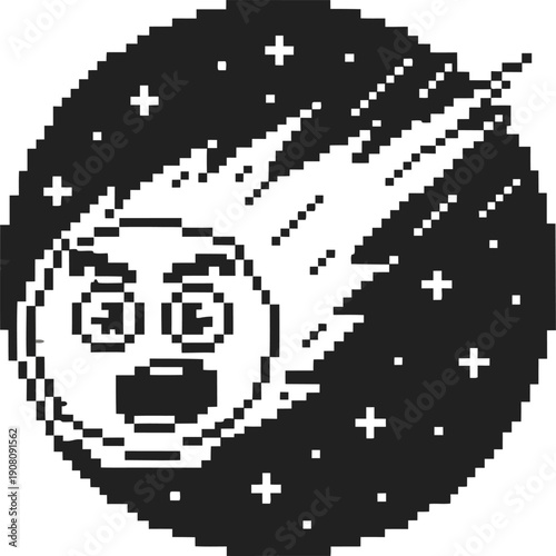 Pixelated meteor with expressive face flying through space with stars in background