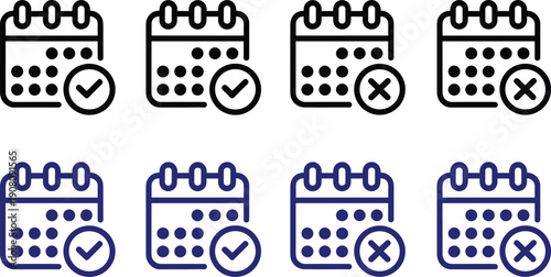 Calendar icons with checkmarks and crosses in black and blue on transparent backgrounds