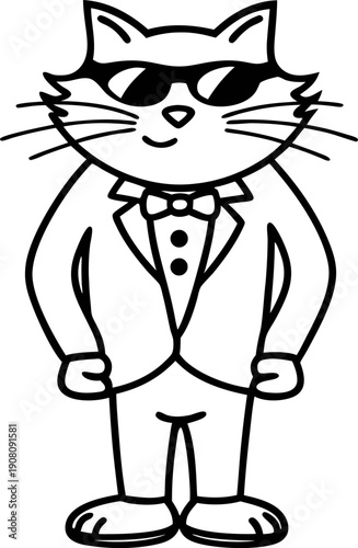 Cool cat in tuxedo wearing sunglasses, standing confidently with hands on hips, character illustration