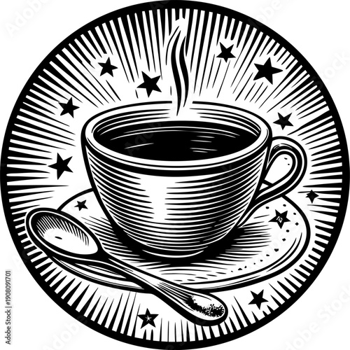hot coffee cup on saucer with spoon steam rising, surrounded by stars in vintage illustration