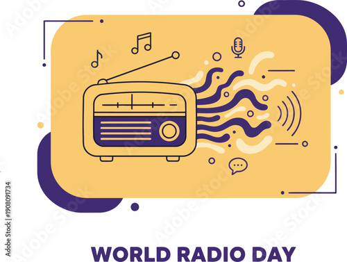Celebrating World Radio Day with an Iconic Radio Illustration on a Vibrant Yellow Background from a Front View